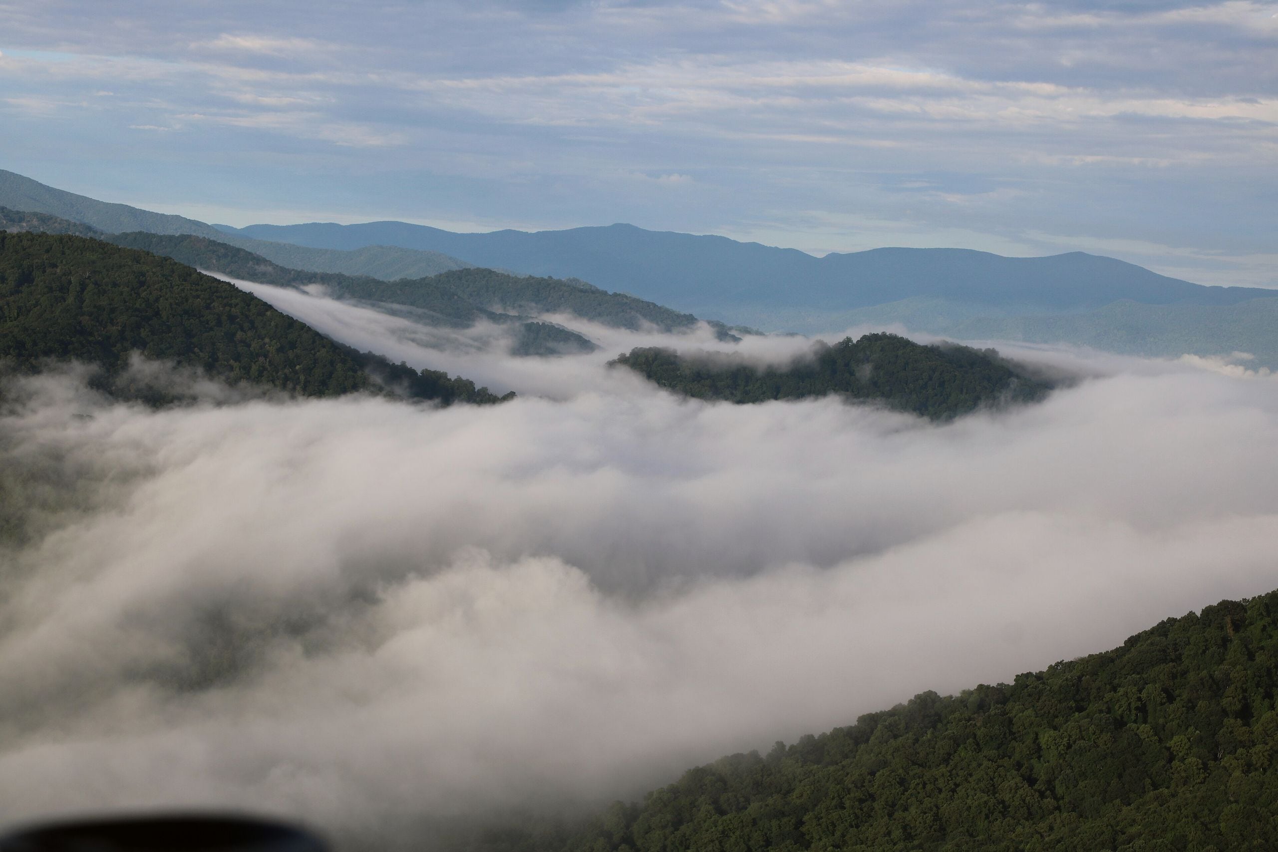 Ridges of the Blue Ridge Mountains with cloud filling the valleys